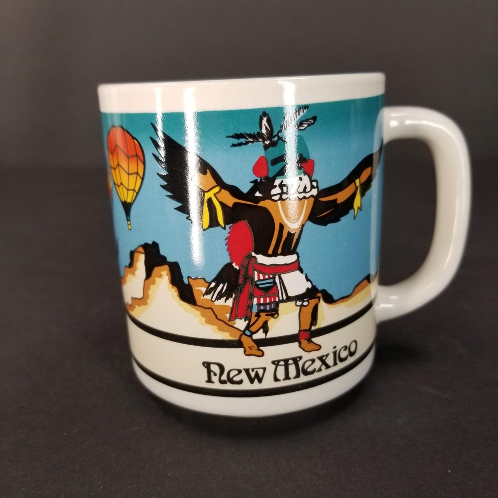 Vintage‎ New Mexico Souvenir Mug Eagle Dancer Hot Air Balloon Roadrunner Blue